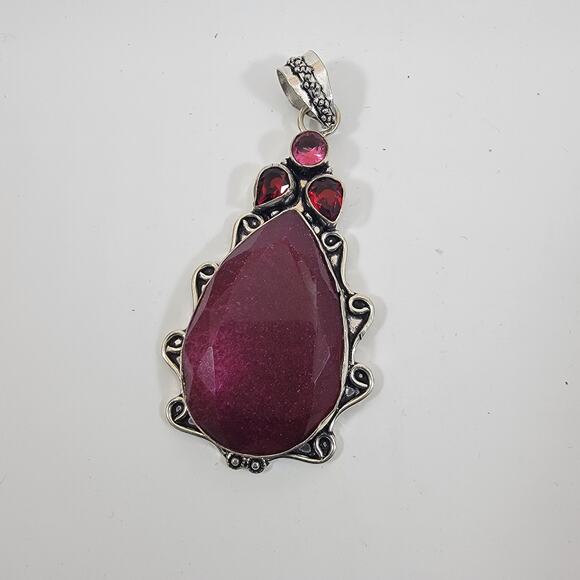 Handmade Sterling Silver Pendant with Faceted Ruby and Garnet Gemstone Accents - Picture 2 of 10